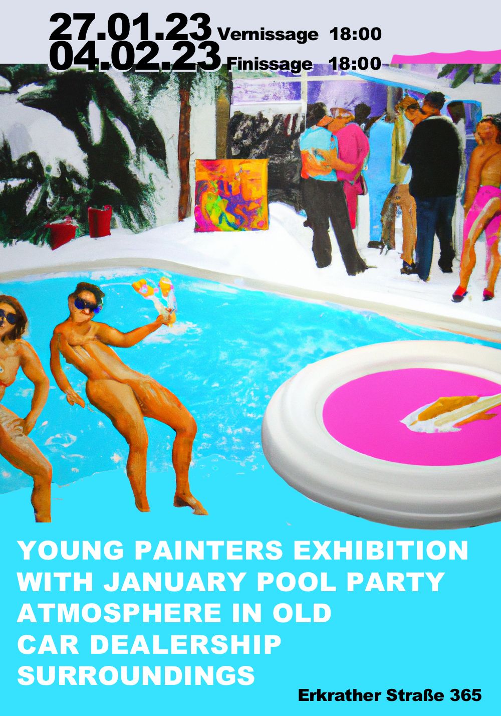 Eventbild für Salomé Berger, Malte van de Water, Isabel Schober, u.a. /// Young painters exhibition with January pool party atmosphere in old car dealership surroundings